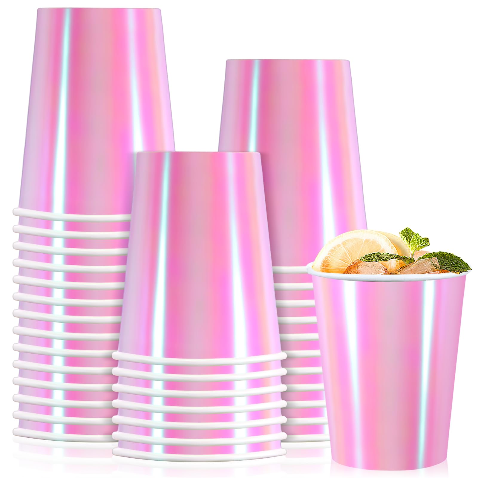 Uiifan 100 Pieces Iridescent Paper Cups 9 oz Disposable Pink Paper Cups ...