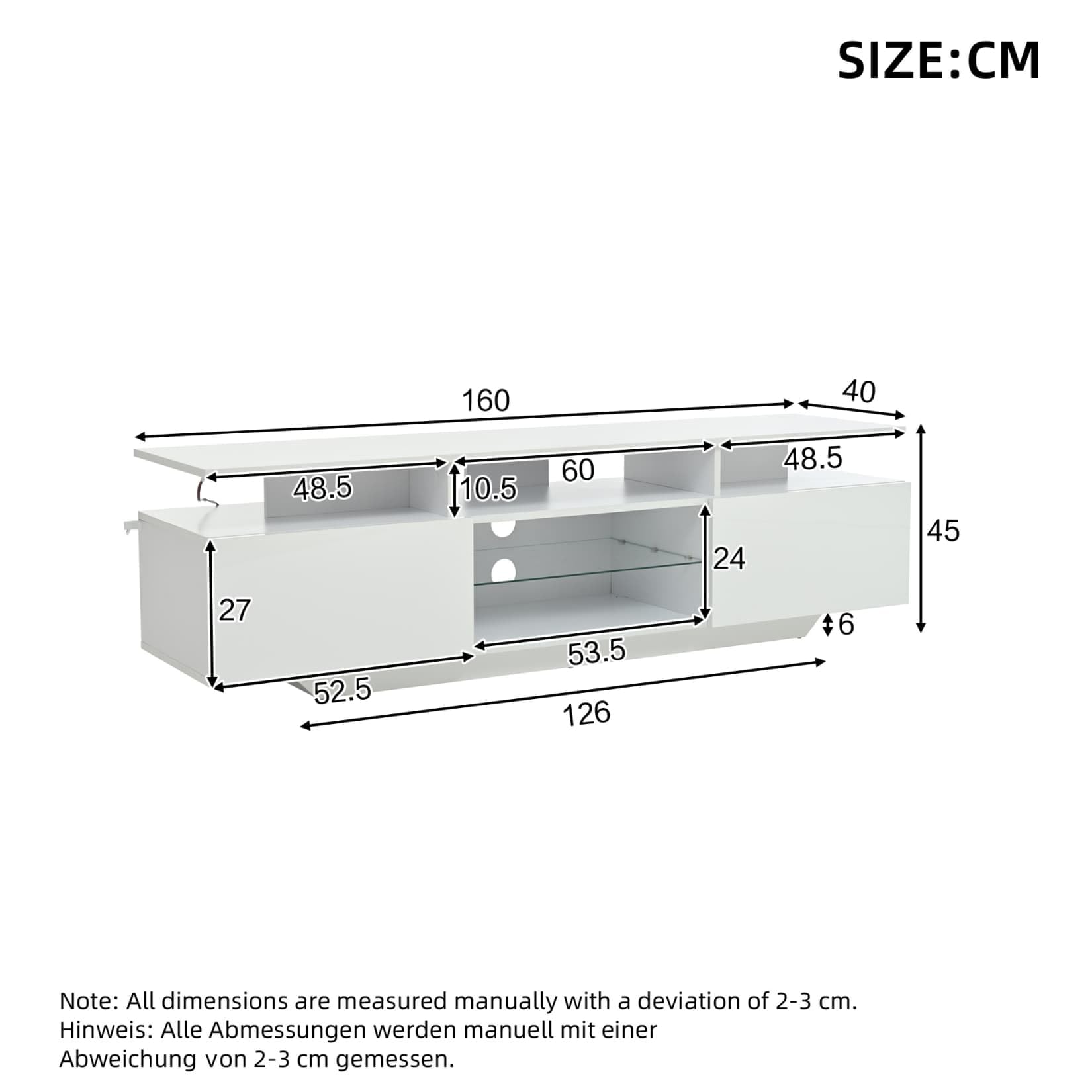 Meuble TV Blanc 160x40x45cm,Meuble Tele Brillant avec éclairage LED Réglable,2 Armoires,8 étagères,pour Téléviseurs D'environ 70 Pouces (I)