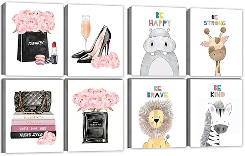 Decoración de pared para cuarto de bebé, fotos de animales de safari, decoración de habitación de bebé y arte de pared rosa para dormitorio de