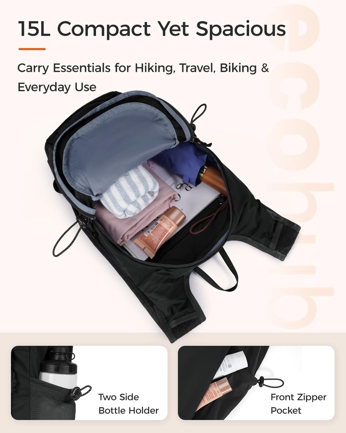 ECOHUB 15L Lightweight Packable Hiking Backpack for Travel, Small Daypack with Chest Strap & Phone Pocket, Water Resistant Foldable Backpack for Men Women