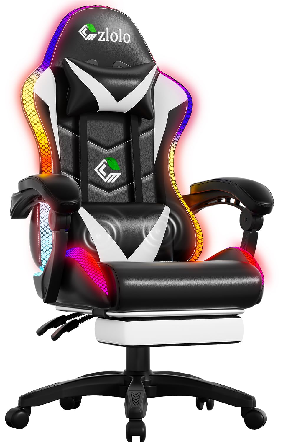Gaming Chair, Racing Style RGB LED Lights Gaming Chairs for Adults and Kids, Lumbar Massager Gamer Chair, High Back Reclining Computer Chair with Footrest and Headrest (Black/White)