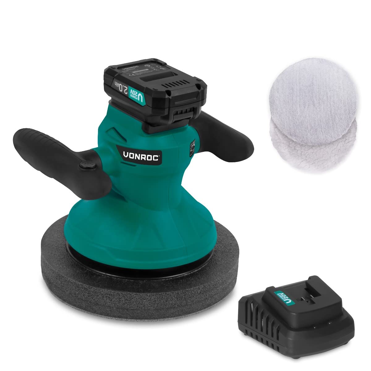VONROC Polisseuse sans fil 20V, Ø240 mm, 2 bonnets de polissage, batterie incluse