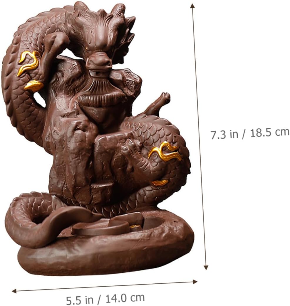Dragon Backflow Incense Holder Purple Clay Censer with Dragon Statue Design for Home and Office Desktop Decor, Backflow Cone Incense Burner for Meditation and Aromatherapy