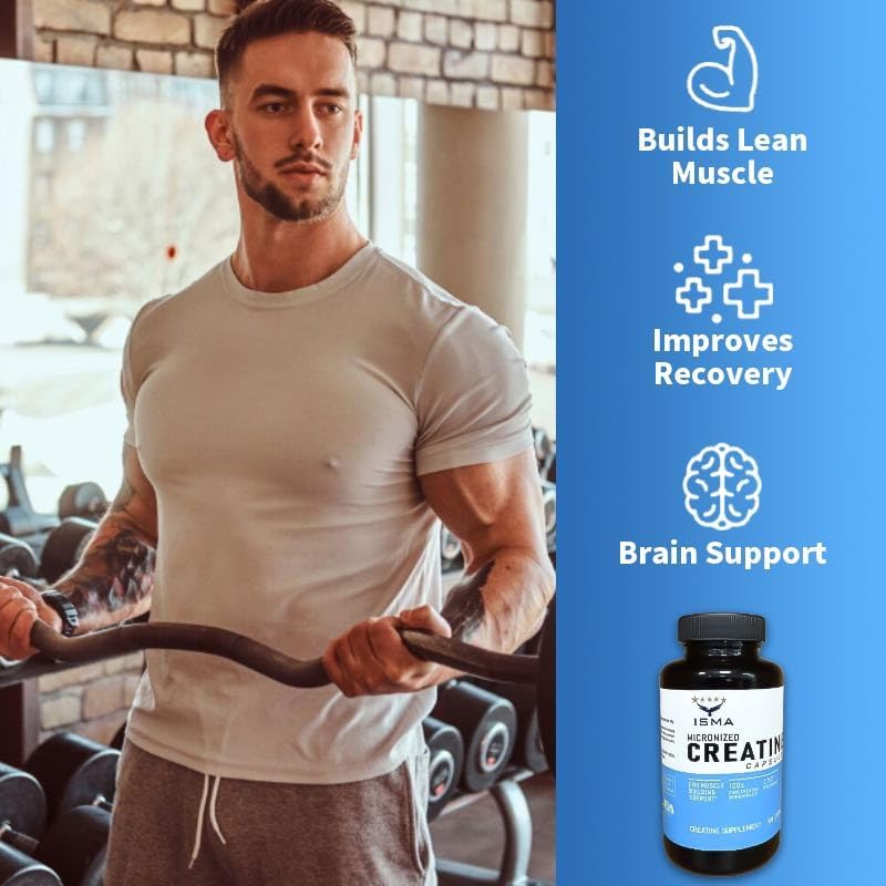 Miniatura 2 de ISMA Cápsulas de monohidrato de creatina  Construye músculo, fuerza y rendimiento  Suplemento antes y después del entrenamiento  100 cápsulas