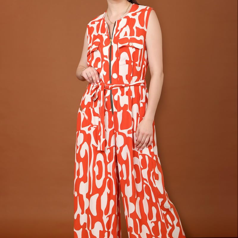 Image of TAMISKA BY NARENDRA KUMAR Jumpsuit for Women, Stylish Designer Jumpsuit for Ladies, Bold and Trendy Swirl Print,Edgy Zipper Detailing,Summery Sleevess Fit