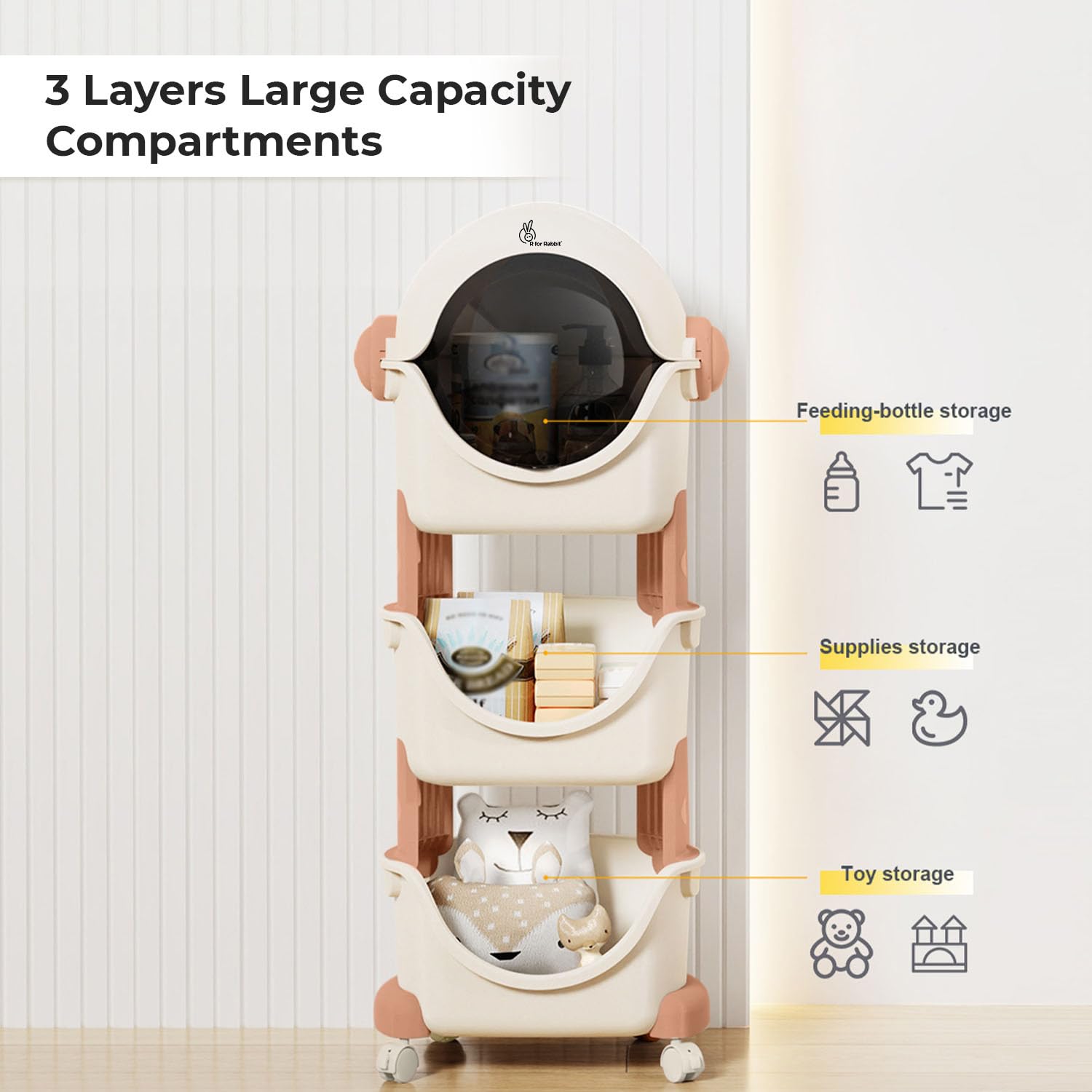 R for Rabbit Little Genius Astro Organizer for Kids Toys/Books And Baby Clothes Wardrobe | Detachable 3 Level for Storage | Dust Proof Flip Cover and Centre-Locking Wheel Mechanism (White Pink) 2