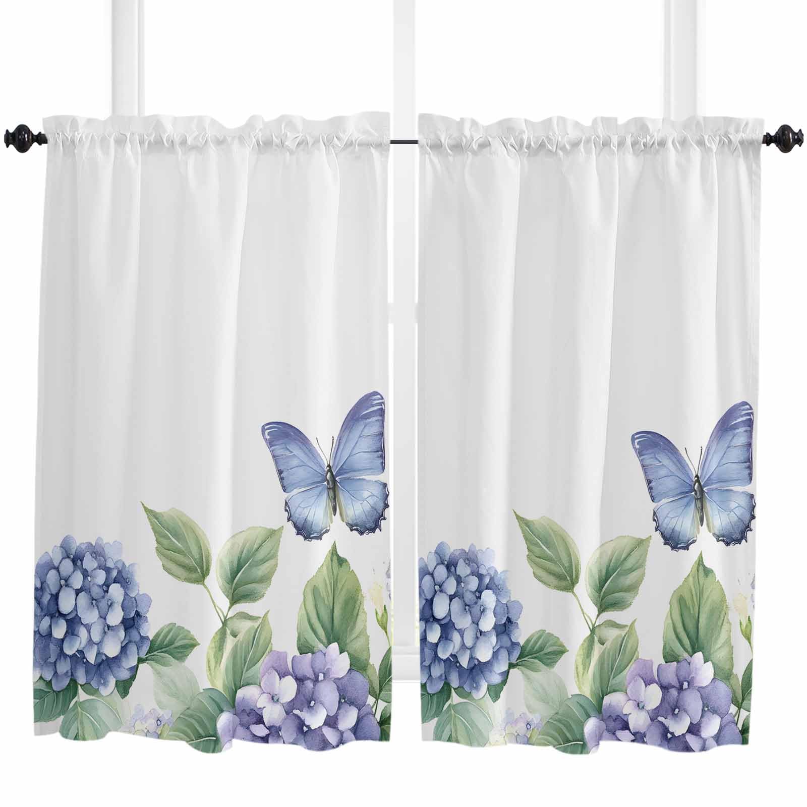 Jolunifun Flower Butterfly Kitchen Curtain 45 Inch Length Small Short Cafe Tiers Curtains Drape, Blue Purple Watercolor Wilflower Window Treatment Rod