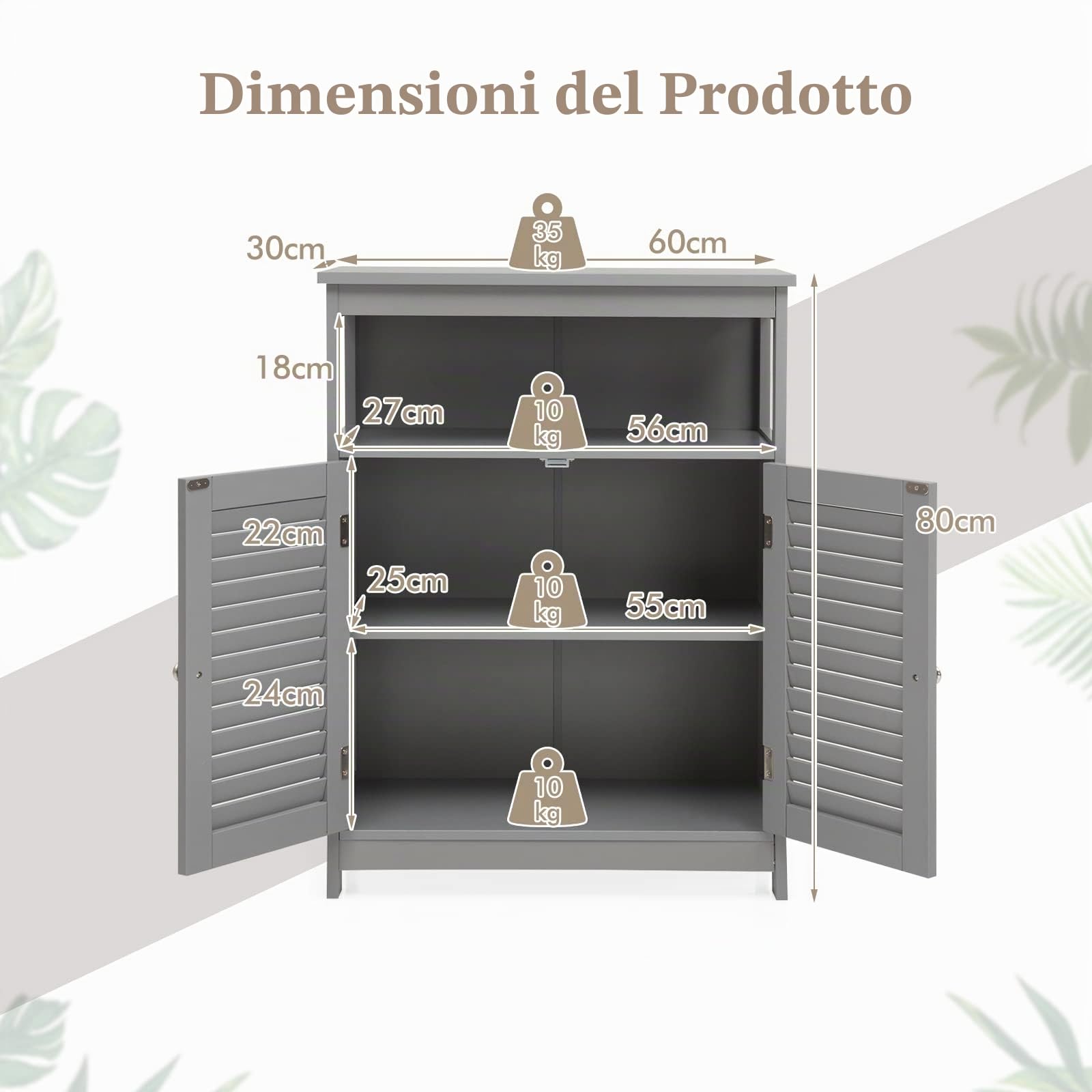 RELAX4LIFE Mobile da Bagno, Armadietto da Terra in Legno con Ripiano Regolabile, Mobiletto Salvaspazio per Cucina Soggiorno Corridoio Ingresso, 60 x 30 x 80 cm (Grigio)