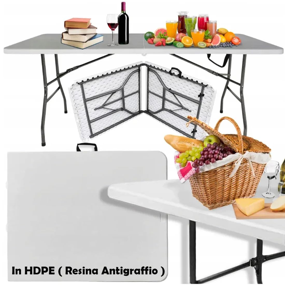 BAKAJI Tavolo Pieghevole in Resina HDPE 183x76x72cm Struttura in Metallo Rinforzato