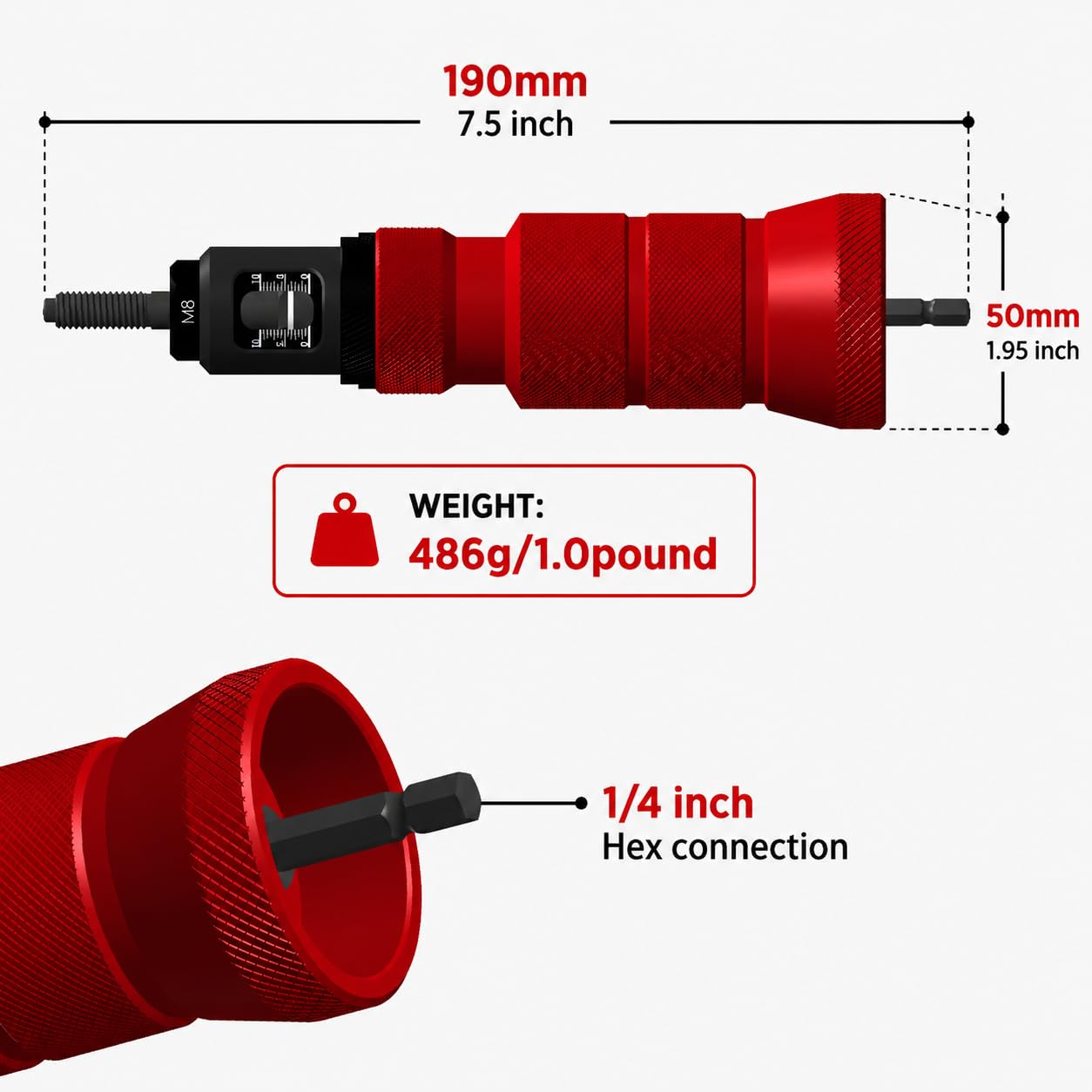 CORWIN X1 Pull-to-Stroke Rivet Nut Drill Adapter, M3-M10 & 6-32 to 3/8-16 — Amazon image 5