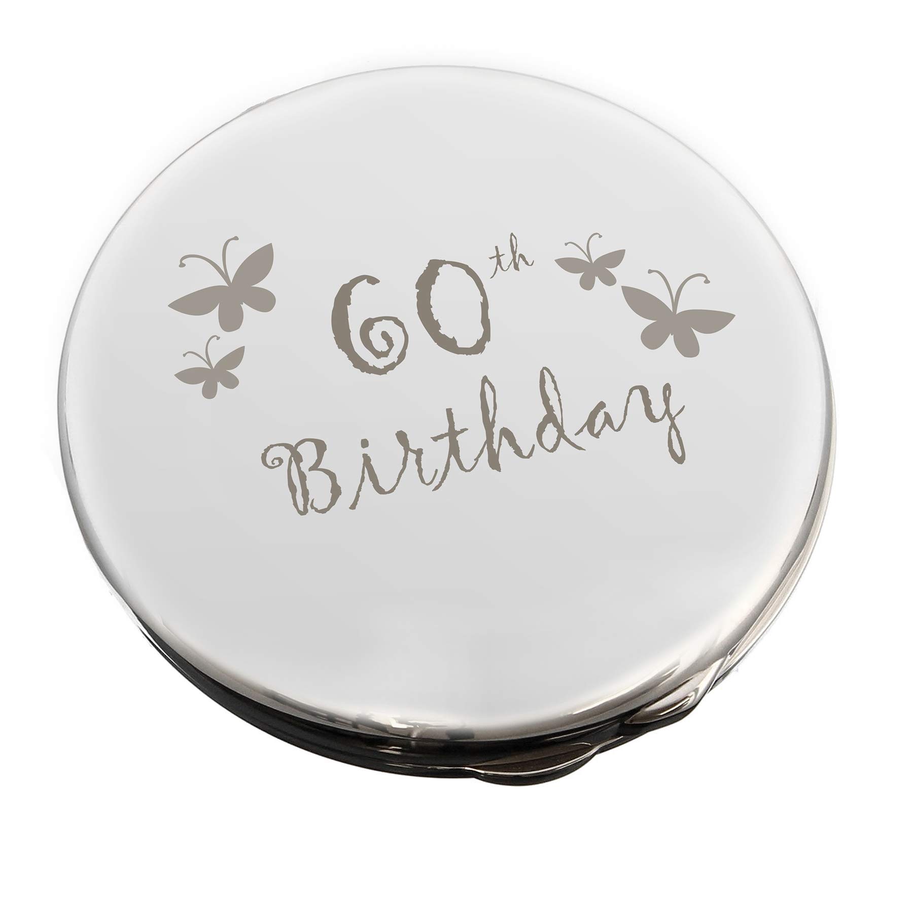 Silver Finish Engraved 60th Birthday Round Compact Mirror with Butterflies Great Idea for Birthday Gift Friends Presents Gifts
