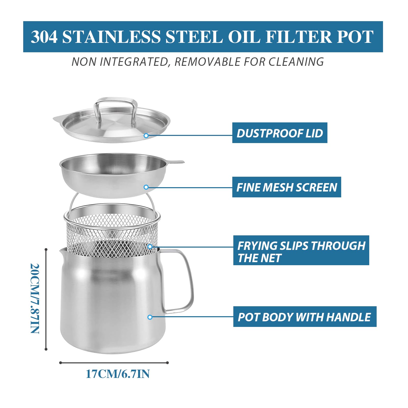 Stainless Steel Oil Filter Pot 68 OZ, 2 in 1 Oil Strainer Pot, 304 Stainless Steel, Large Capacity, Versatile Oil Filter Vessel, 2 in 1 oil strainer pot fryer Multi-Function Deep Fryer Pot 2L