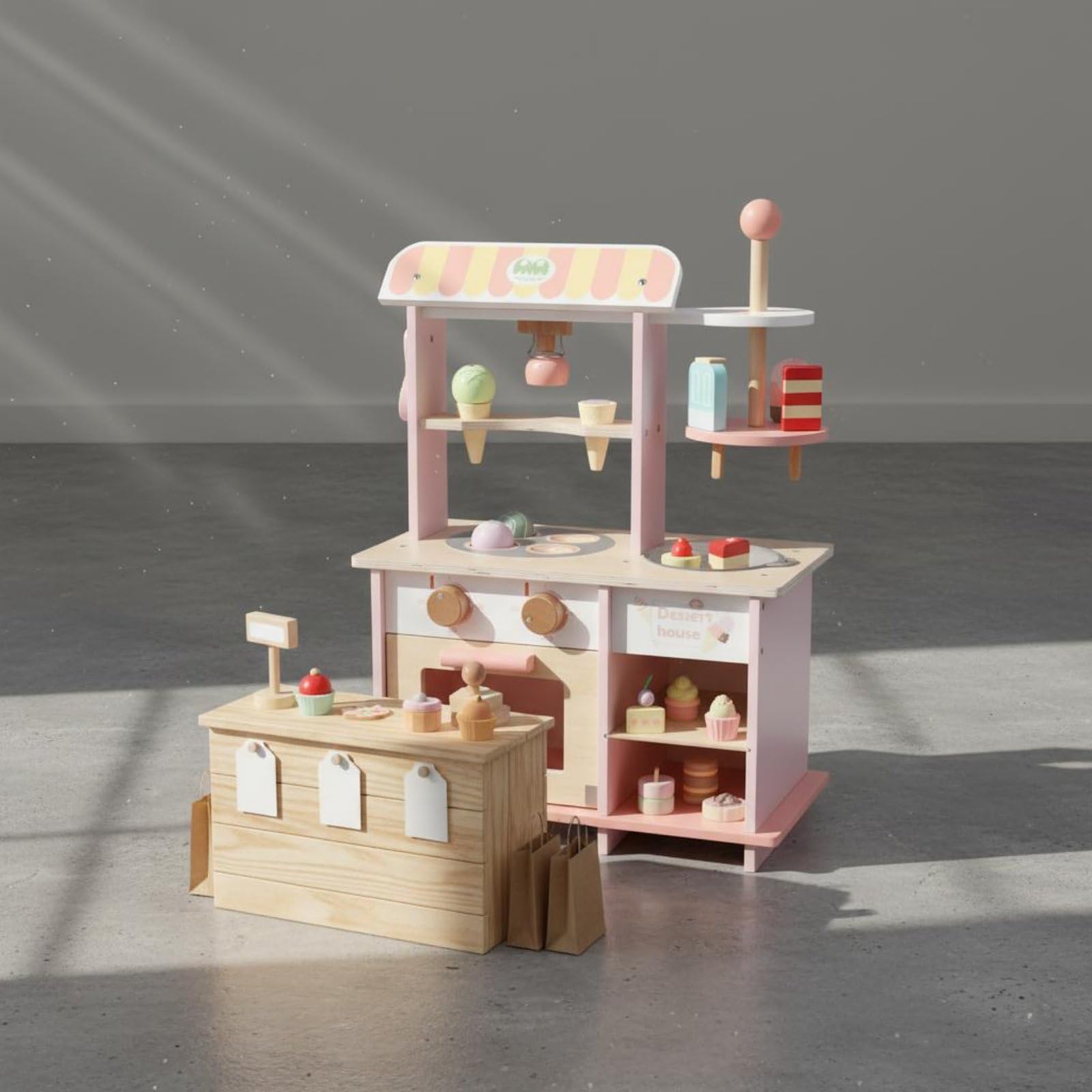 Jiuvaso Kids Dessert Playhouse Banco Gelati Finto per Bambini Negozio di Dolci in Legno Gioco di Ruolo Educativo Set Interattivo con Accessori Adatto per Casa Spazio Giochi Momenti Famiglia