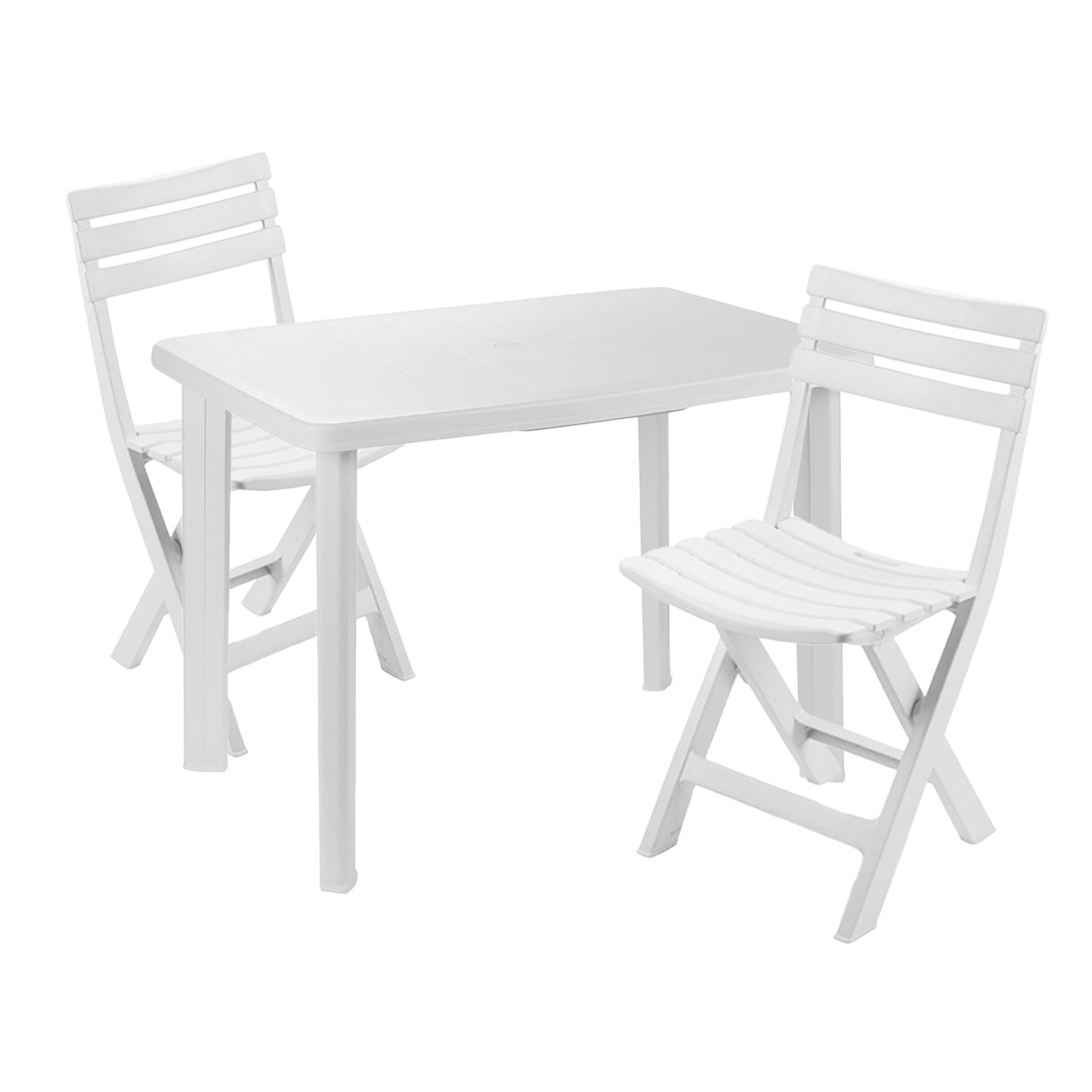Mojawo 3er Set Balkonmöbel Outdoor Garnitur Bistroset Campingmöbel Gartentisch Kunststoff 100x70cm H72cm 2X Klappstühle Weiß
