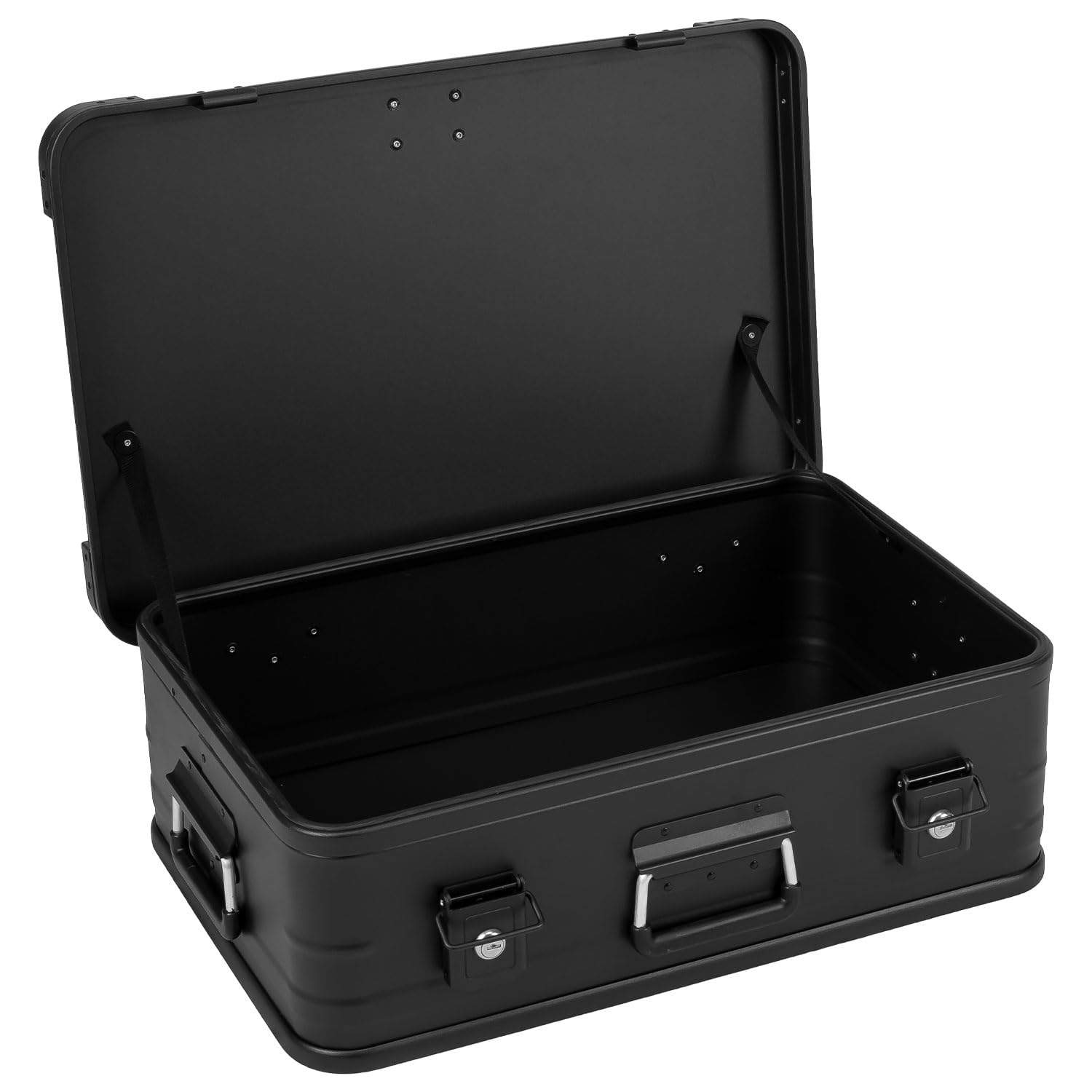 Alubox Alukiste abschließbar E39-BLACK - Premium Aluminium Lagerbox 39 Liter - Deckel mit Aluminium Druckguss Stapelecken und Gummidichtung - inklusive Schlösser - komplett schwarz