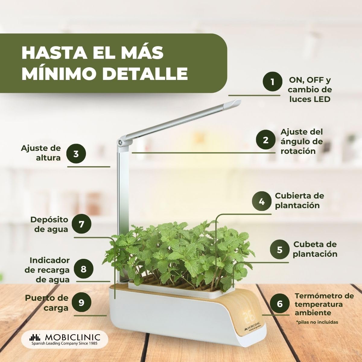 Mobiclinic®, Sistema de Cultivo Hidropónico Interior, Mini-Grow, Huerto de Interior, Luz Crecimiento, Altura y Ángulo Ajustable, Temporizador, Kit Germinación para Plantas, 4,5W, Led Automática