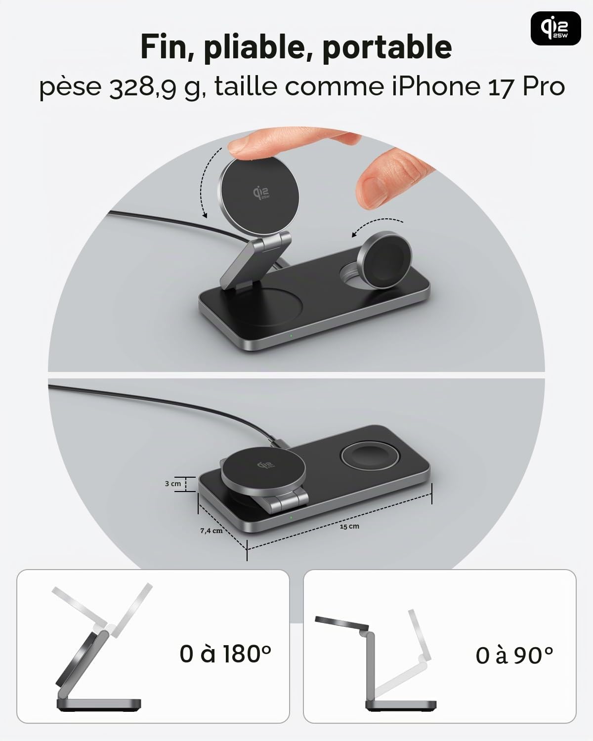 Qi2 25W 3 en 1 Station de Charge Magnétique pour iphone 17e/17/16/15/14/13/12/Air, Compatible avec Apple Watch 11/10/Ultra/SE Pods Pro, Chargeur Pliable avec Adaptateur