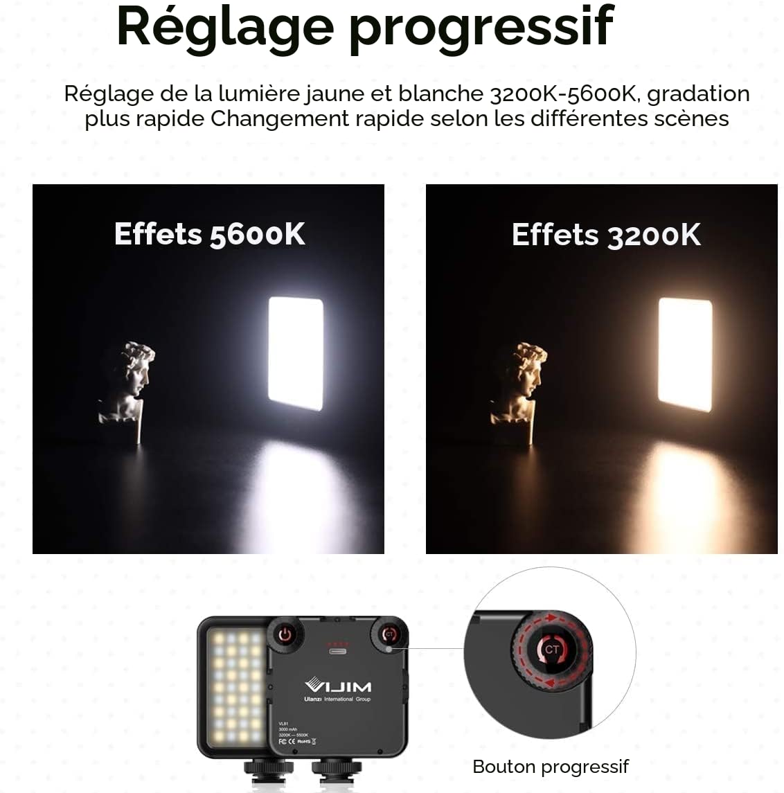 Lumière Caméra, LED Lampe avec 3 Cold Shoe, Eclairage Video Rechargeable 3000mAh, Lumiere Photo Professionnelle CRI95+Dimmable 3200K-5600K pour Tournage Vlog VL81 LED USB