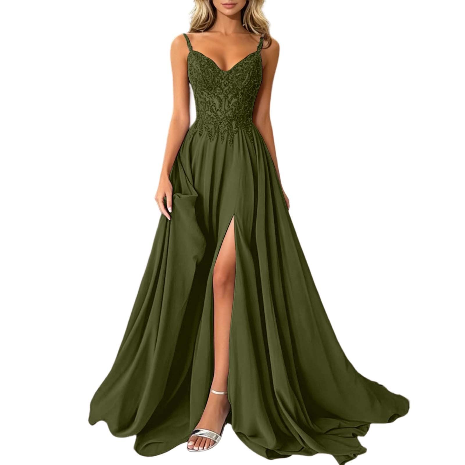 Abschlussballkleid Damen Chiffon Ballkleider Lang V-Ausschnitt Maxikleid Spitzenapplikationen Brautjungfernkleid A-Linie Abendkleider mit Schlitz Partykleid Cocktailkleid Trägerkleid