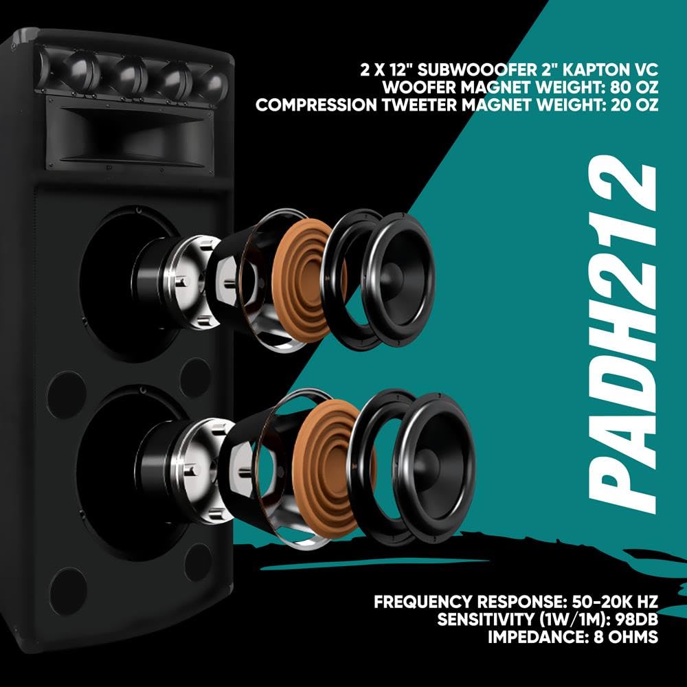 Pyle Sistema Altoparlante PA Portatile, Speaker 1600 Watt, Suono Stereo da Esterno con Doppi Woofer da 30 cm, Tweeter Piezo da 8,6 cm, Cassa Tromba 12,7 x 30,5 cm, Crossover Integrato