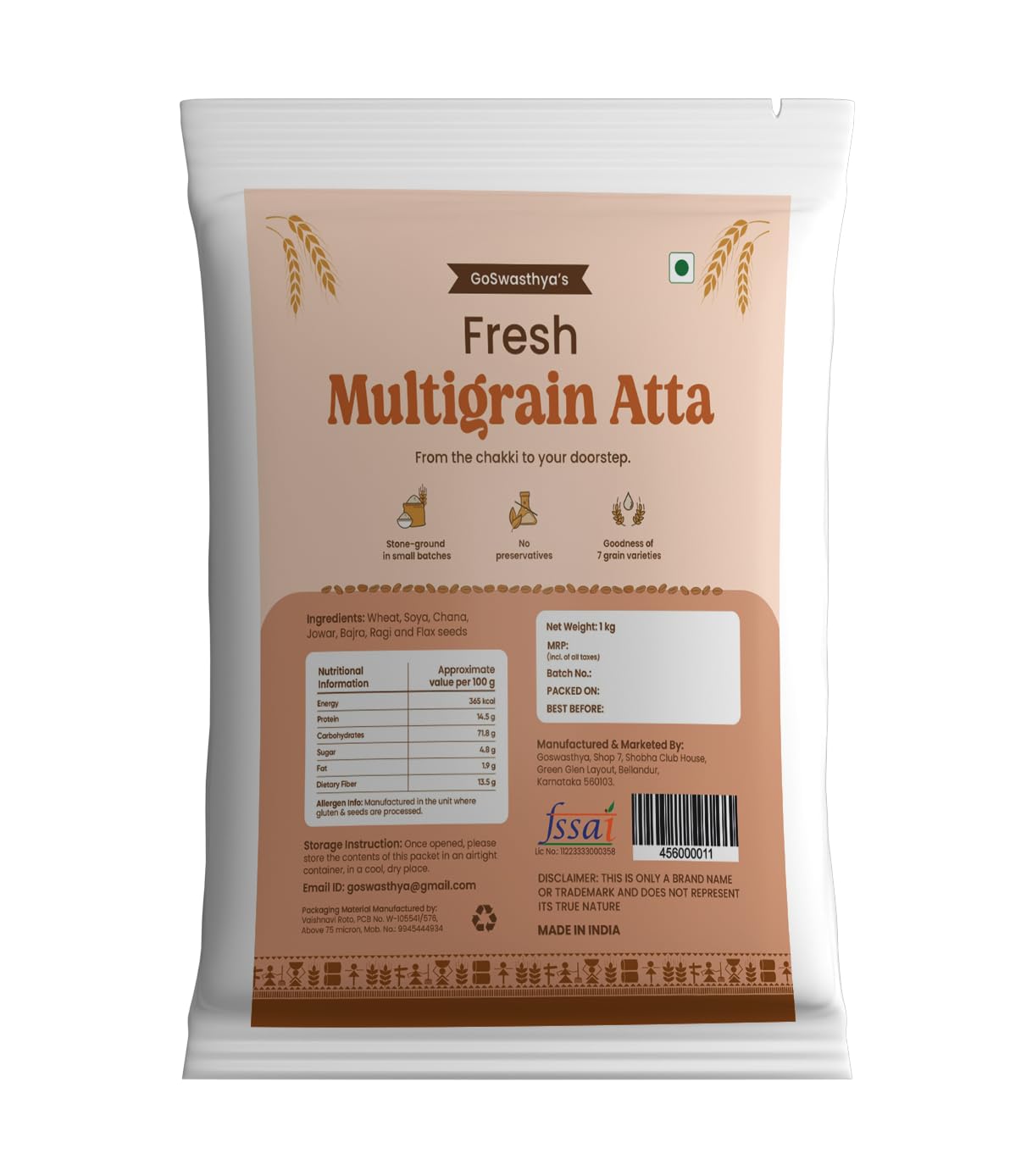 GOSWASTHYA Multigrain Flour |7 Whole Grains|Ragi Jowar, Bajra Channa Sattu Soya And Magic Of Flax Seeds | Soft Roti | High Fiber| Support Weight Management, 1 Kg (B0C93PCTPF) Amazon Price History, Amazon Price Tracker