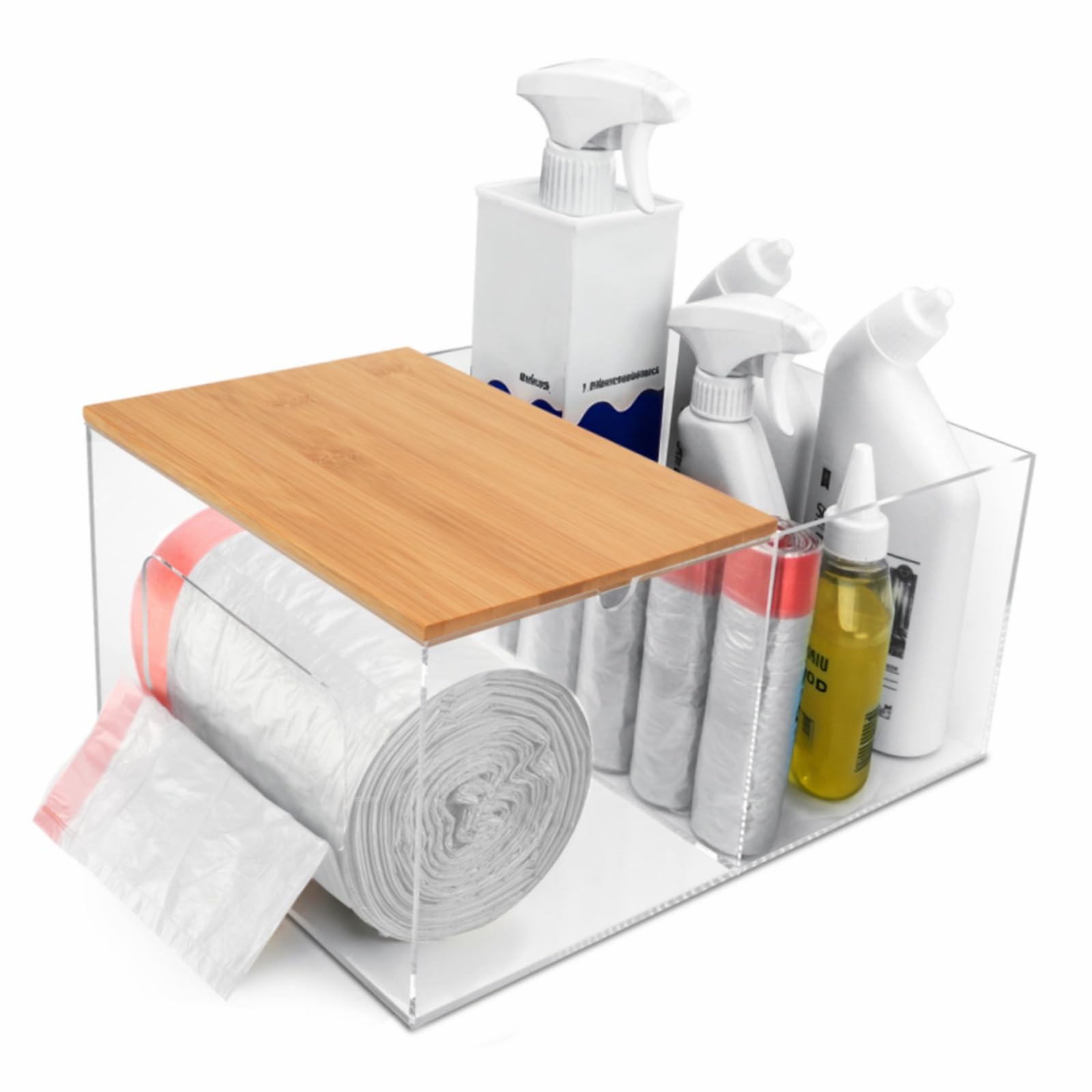 JYPS 2 in 1 Etra Large Garbage Bag Dispenser Holder with Bamboo Lid, Under Sink Trash Bag Holder Organizer for 13 30 33 Gallon Plastic Bag, Trash Bag Storage Dispenser for Kitchen, Laundry Room