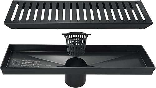 Neodrain Drenaje de ducha lineal con rejilla extraíble, 12 pulgadas, negro mate, con certificación Watermark y CUPC, incluye colador de pelo