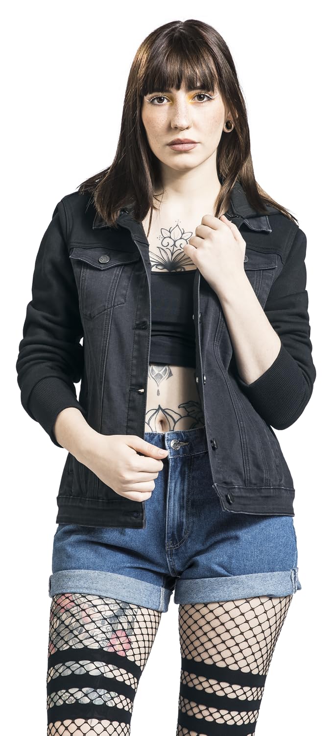 RED by EMP Damen schwarze Jeansjacke mit Sweatärmeln und Kapuze