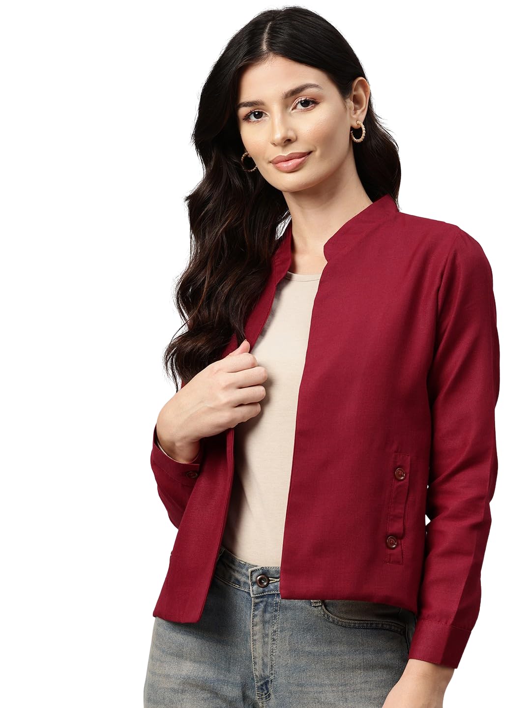 Women Maroon Lightweight Open Front Casual Blazer-image-21