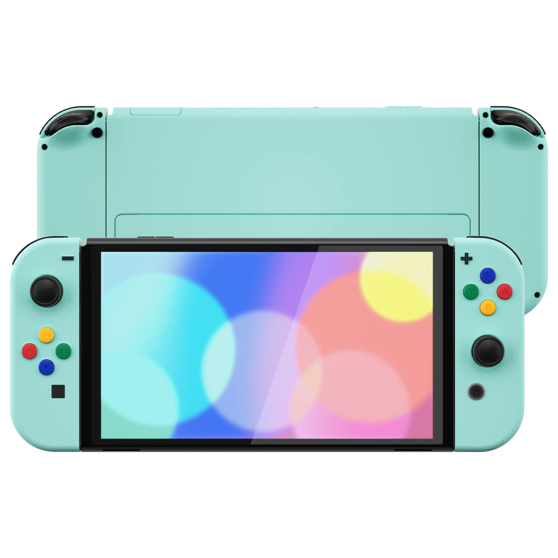 eXtremeRate Coque de Remplacement pour Nintendo Switch OLED, Coque Complète pour Nintendo Switch OLED, avec Bouton Coloré Béquille en Métal, Coque pour Joycon， Cyan Clair