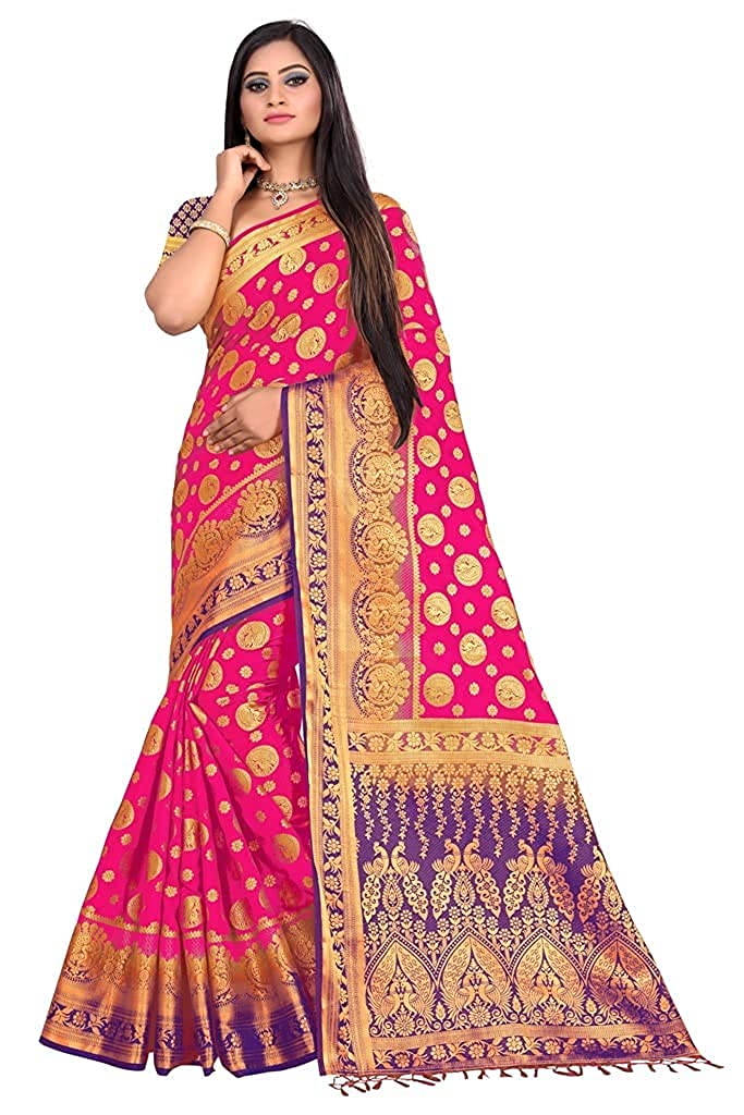 JSONS Women's Banarasi Silk Saree With Blouse PINK