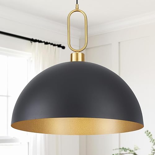 Lámpara colgante vintage de 17.7 pulgadas, color negro y dorado, lámpara de cúpula grande para isla de cocina, pasillo, comedor, dormitorio