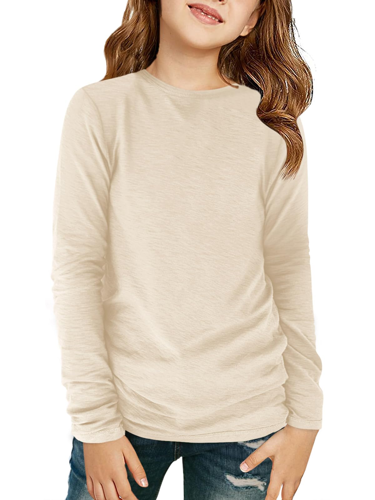 Haloumoning Girls Long Sleeve Crewneck T-Shirts Fall Tops 5-14Y | Solid Color Tees,Fashion Clothes