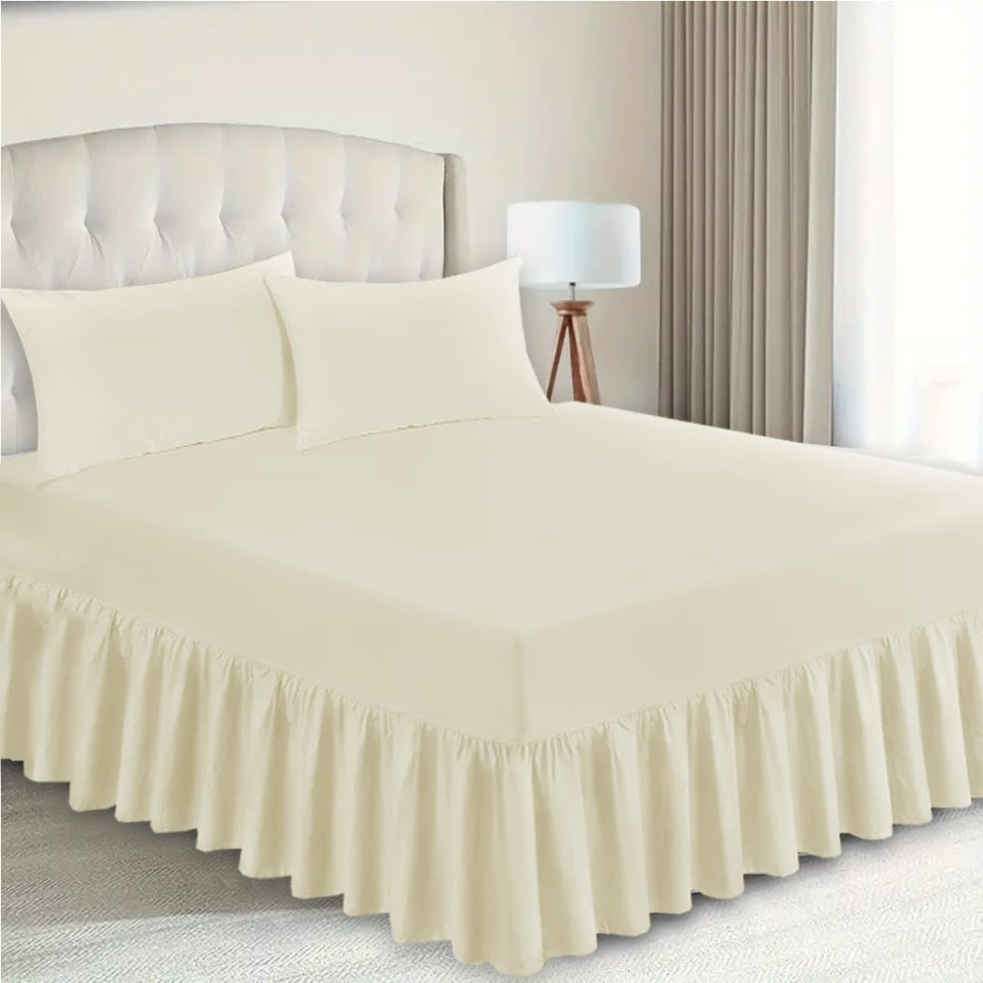 Cream Double Fitted Valance Sheets Polycotton Frilled Bed Sheet Anti Allergic Bed Skirt Fitted Valance Sheet - Extra Deep Fitted BedSheets Easy Care Bed Sheet