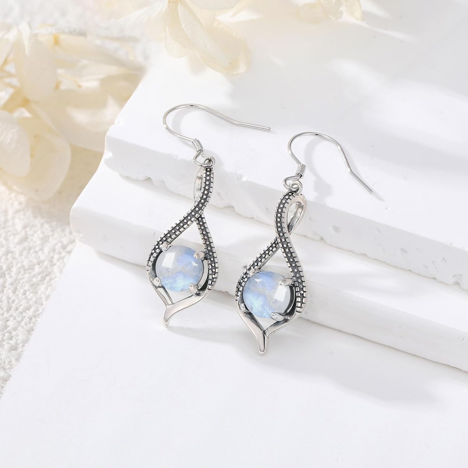 Natural Moonstone Dangle Earring for Women 925 Sterling Silver 7mm Round Shaped Blue Moonstone Earring Twisted June Birthstone Boho Jewelry