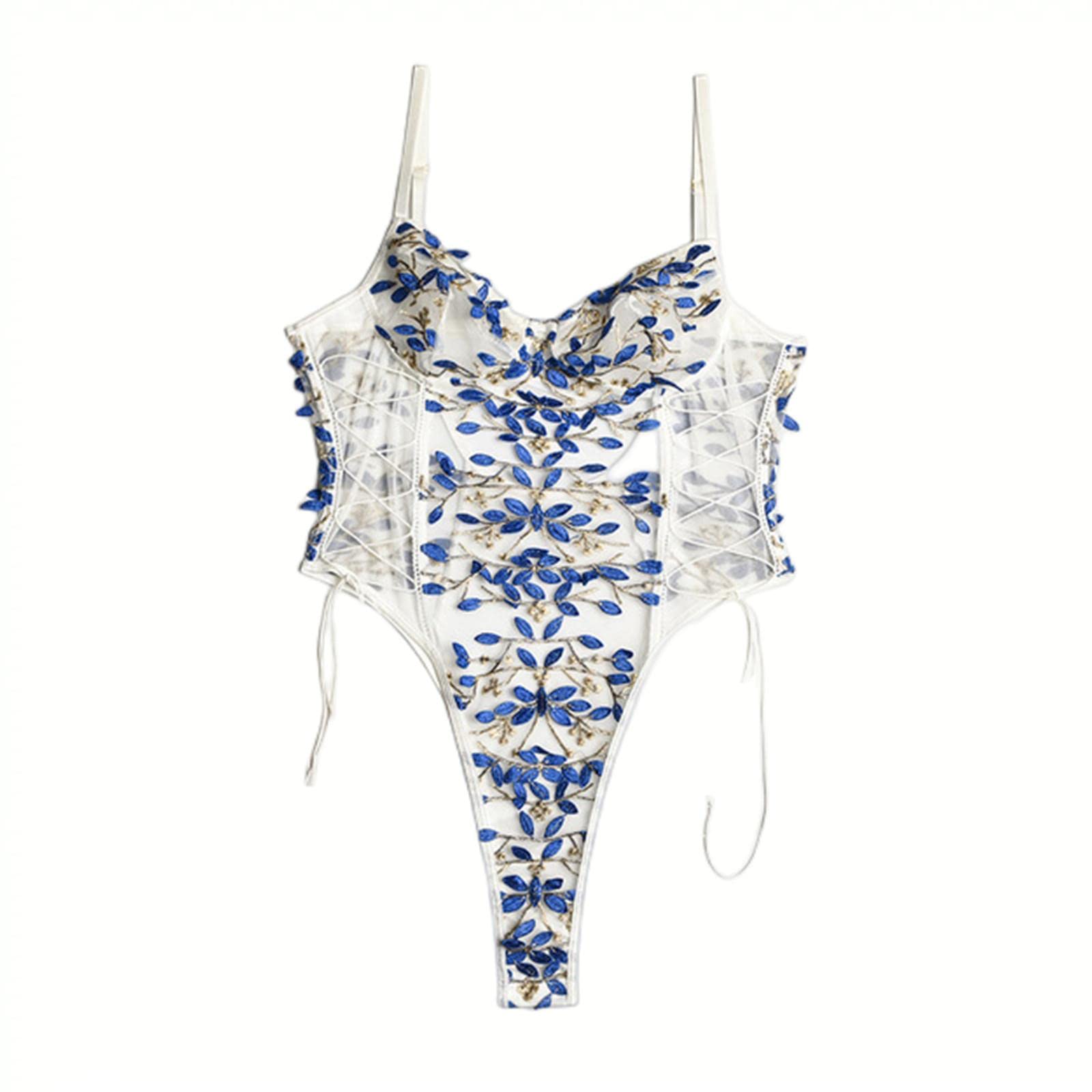 Sangle brodée et maille transparente sur ce teddy lingerie bleu S - 8