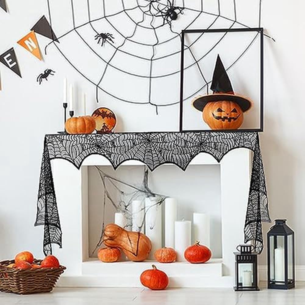 Halloween-Kaminschal Aus Spitze – Spinnennetz-Design, 243 X 45 Cm, Schwarz, Für Kamin, Tür, Fenster-Deko