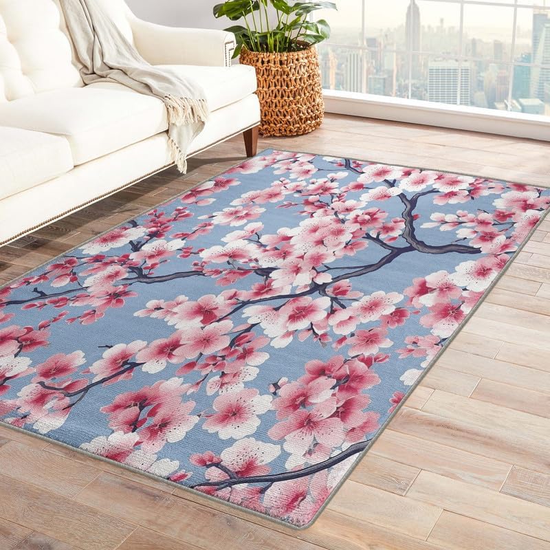 Alfombras lavables para sala de estar, dormitorio, alfombra en flor de cerezo y decoración del hogar, alfombra de área rosa Sakura de 5 x 7 pies,