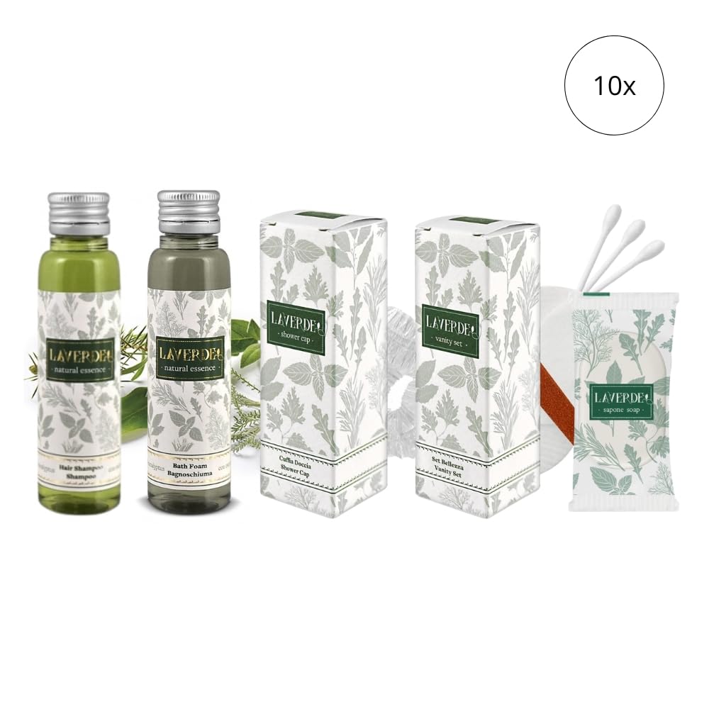 Set Cortesia Hotel LaVerde Premium con Estratti di Erbe – Kit Bagno Completo con Shampoo, Bagnoschiuma, Saponetta e accessori – Confezione da 10 Kit Cortesia per Hotel, B&B e Spa