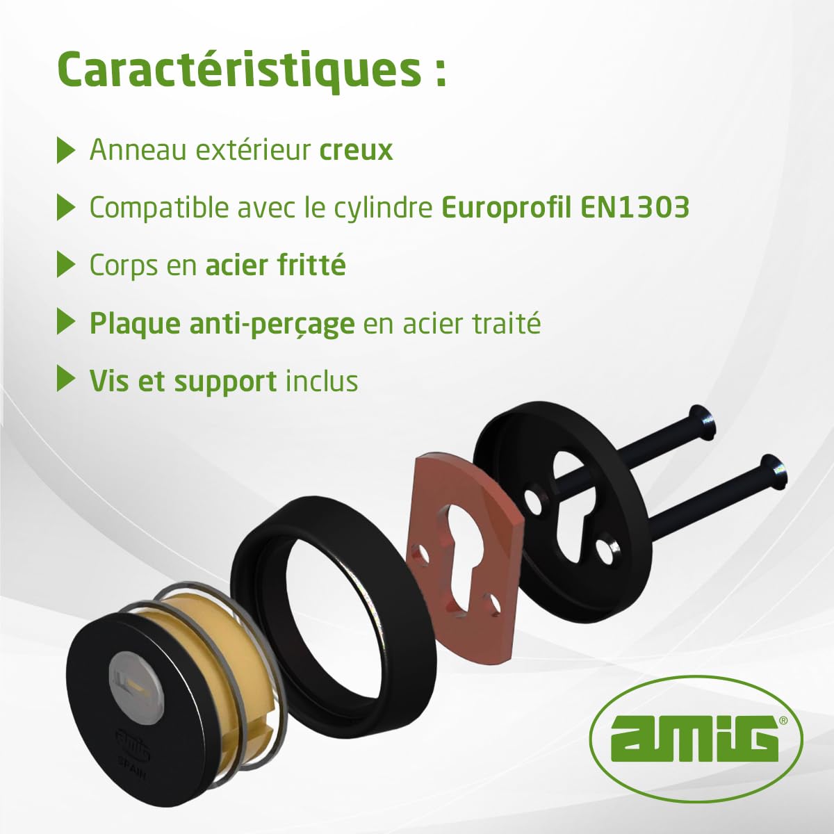 Amig - Protège-cylindre de sécurité Mod. 31 - Acier - Noir - Anneau extérieur creux - Ø65 mm - Avec plaque anti-perçage - Avec vis et support - Pour cylindre Europrofil EN1303 - Corps en acier fritté