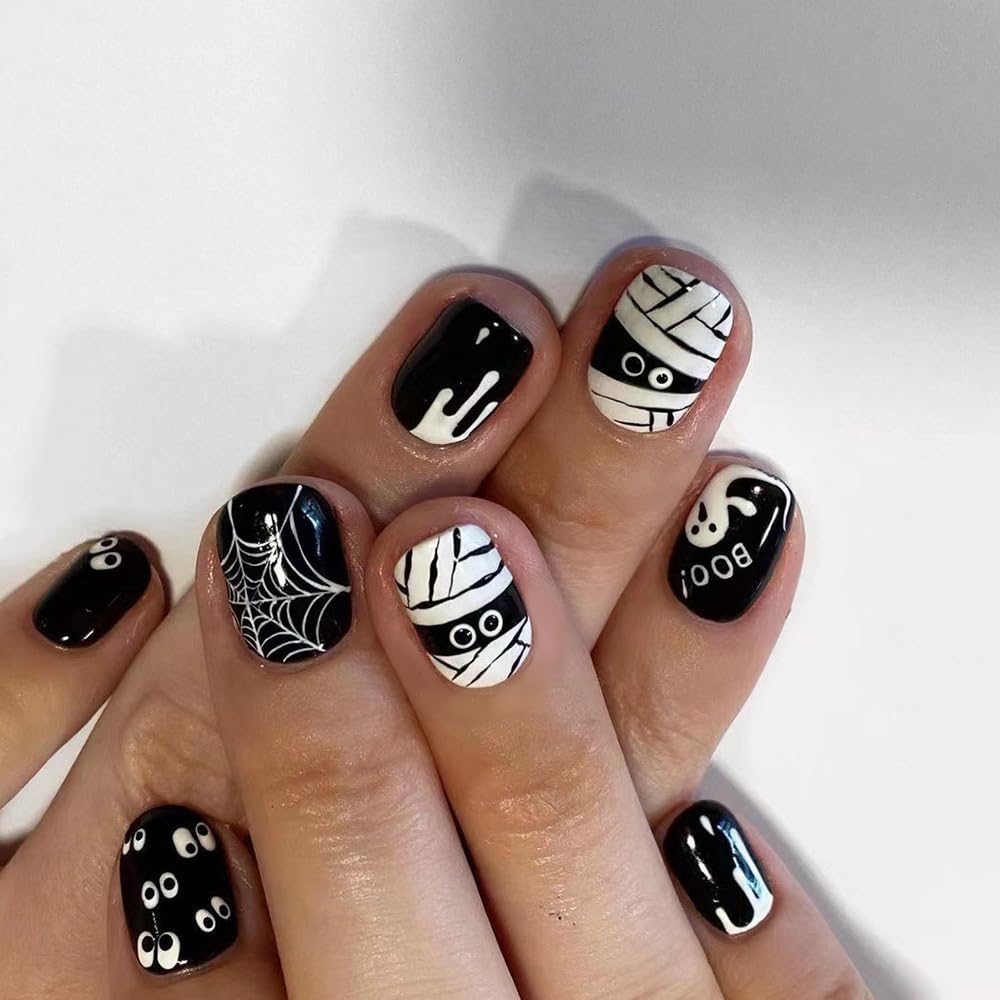 Halloween Press On Nails - Short Square Mummy Spider Web Designs, Full Cover Artificial Acrylic Glossy Nails, 24 Pcs