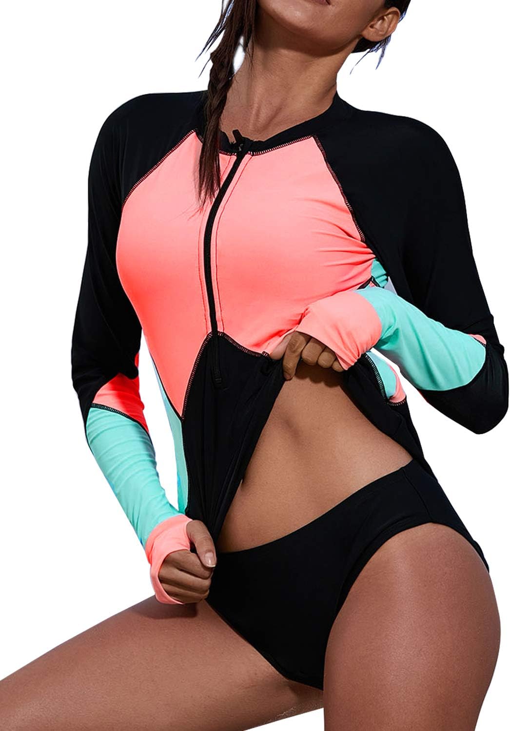 GOSOPIN Womens Long Sleeve Rash Guard Swimsuit Color Block Front Zip Beach Wear No Bottom