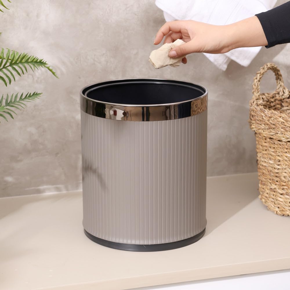Stylish Taupe Waste Bin - PU Leather & Metal -7
