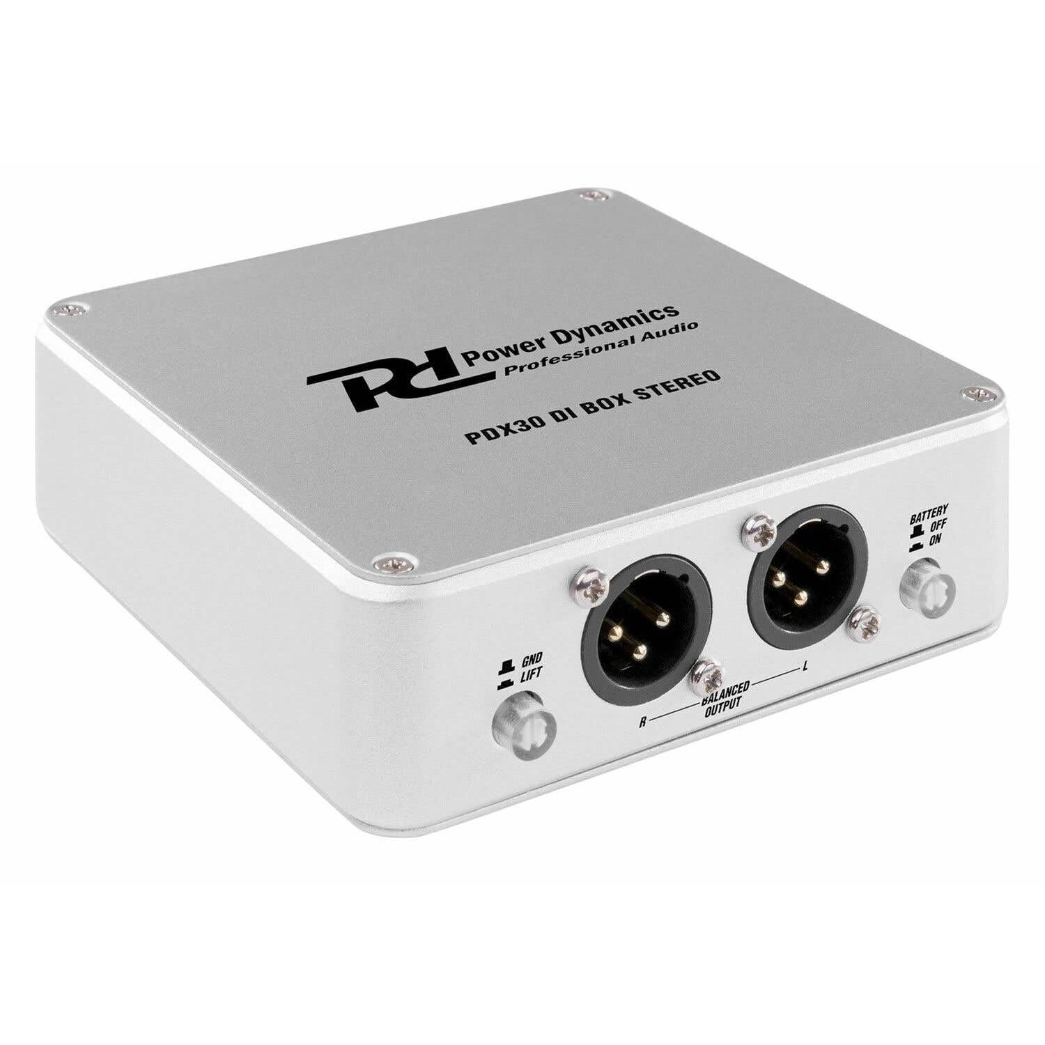 Power Dynamics PDX30 - Boîtier DI Stéréo, Aluminium, Très Robuste, Compatible Batterie, Idéal pour Augmenter Les Performances Sonores de Vos Instruments de Musique