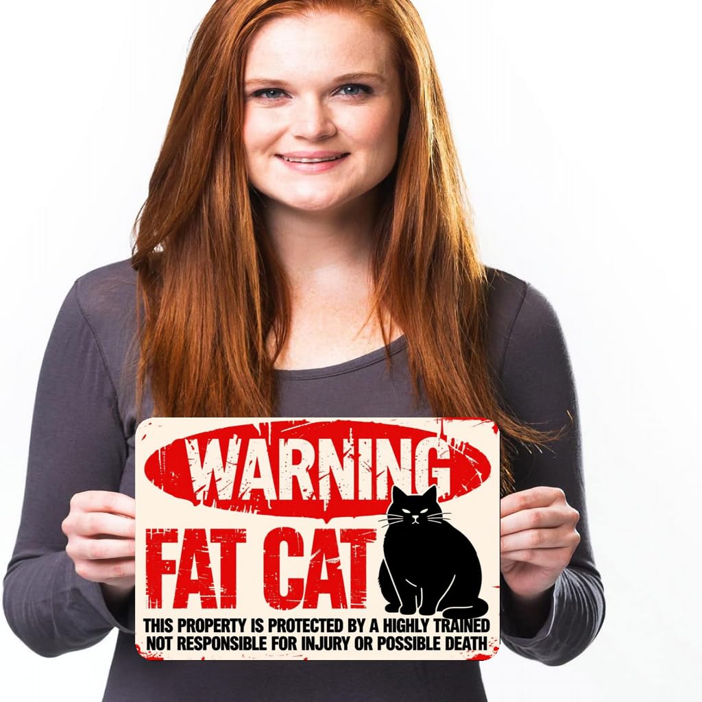 Protected By Fat Cat Warning Tin Sign, 8x12 Inch Decor