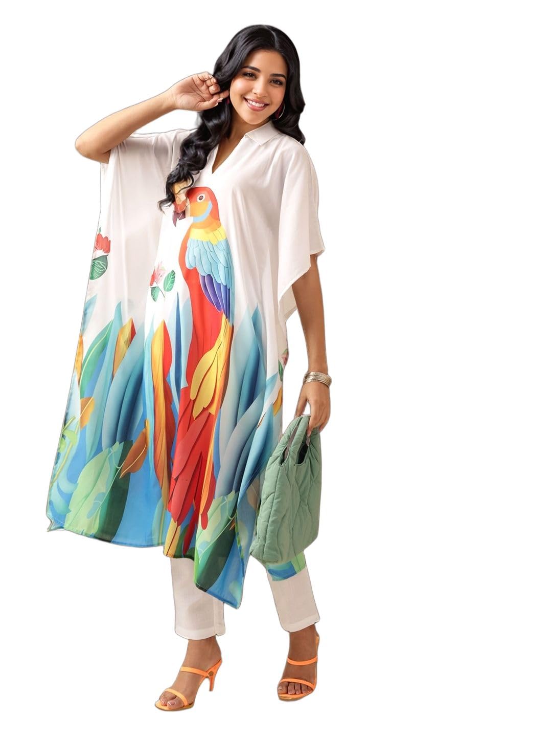 Women's White Printed Regular Cotton Blend Kurta Sets | Kaftan Set for Women