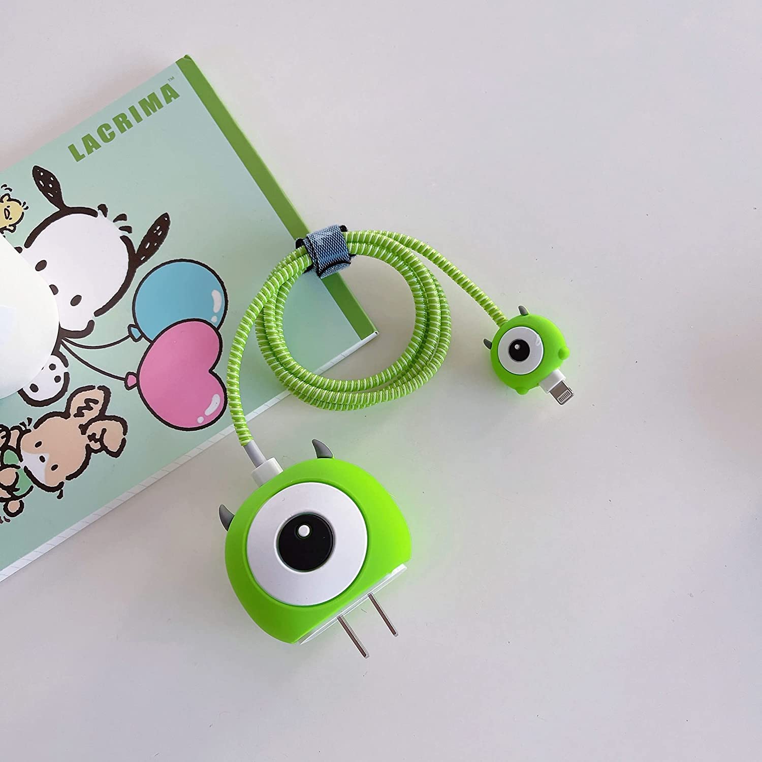 Acetrix Unique Cute Anime Cartoon Silicon Protective Case Cover for Apple 18/20W Type C Adapter with Lighting Cable Protector (Green Monster Eye)