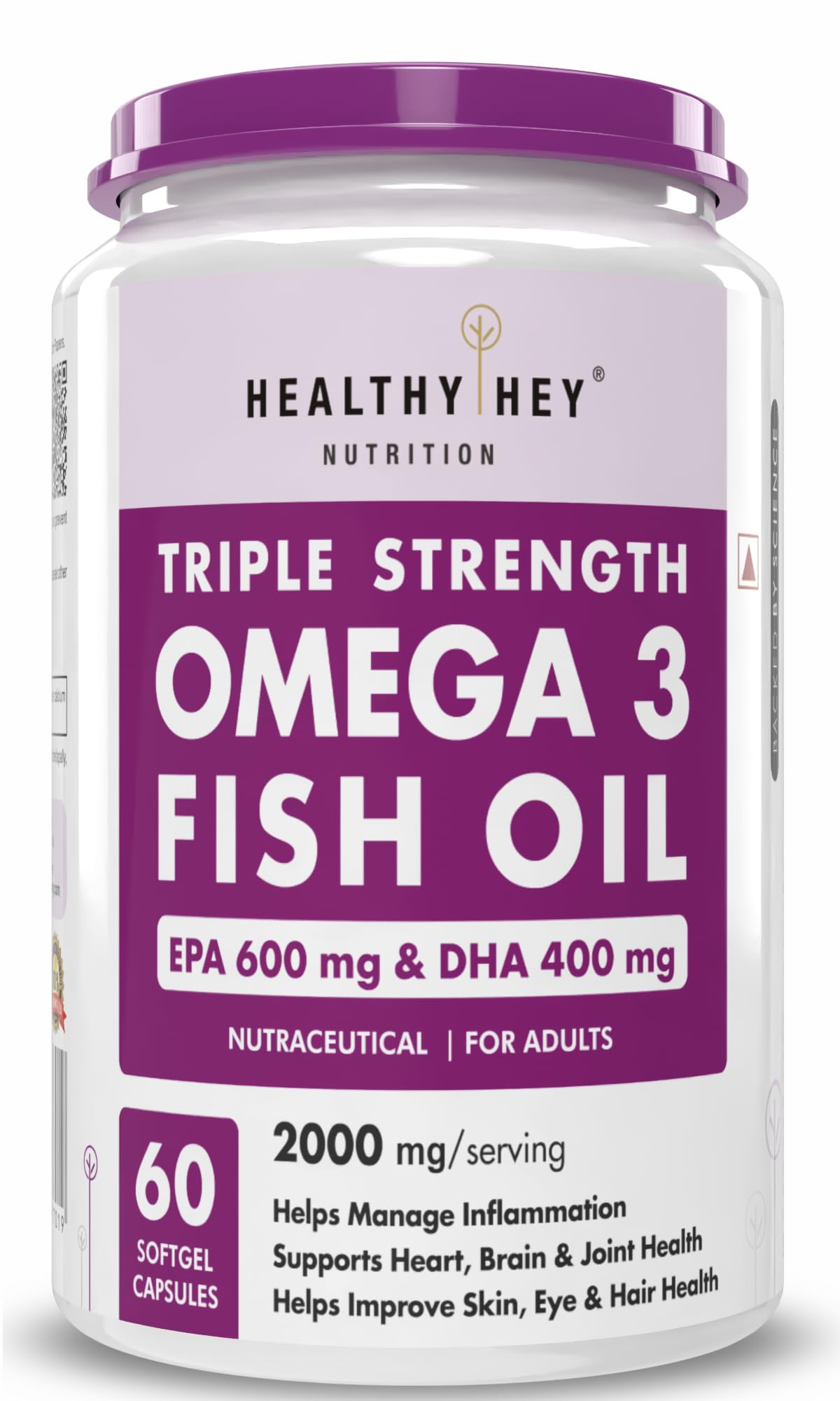 HealthyHey Nutrition Fish Oil Omega 3 60 Softgel For Women and Men | Triple Strength Fish Oil | Burpless, EPA 600 - DHA 400 Supplement