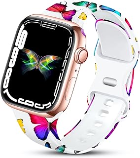IKANFI Sport Band Compatible with Apple Watch Bands 49mm 45mm 44mm 42mm Women Girl, Silicone Floral Printed Fadeless Pattern Design Strap for iWatch Series 8,7,6,5,4,3,2,1.Butterfly
