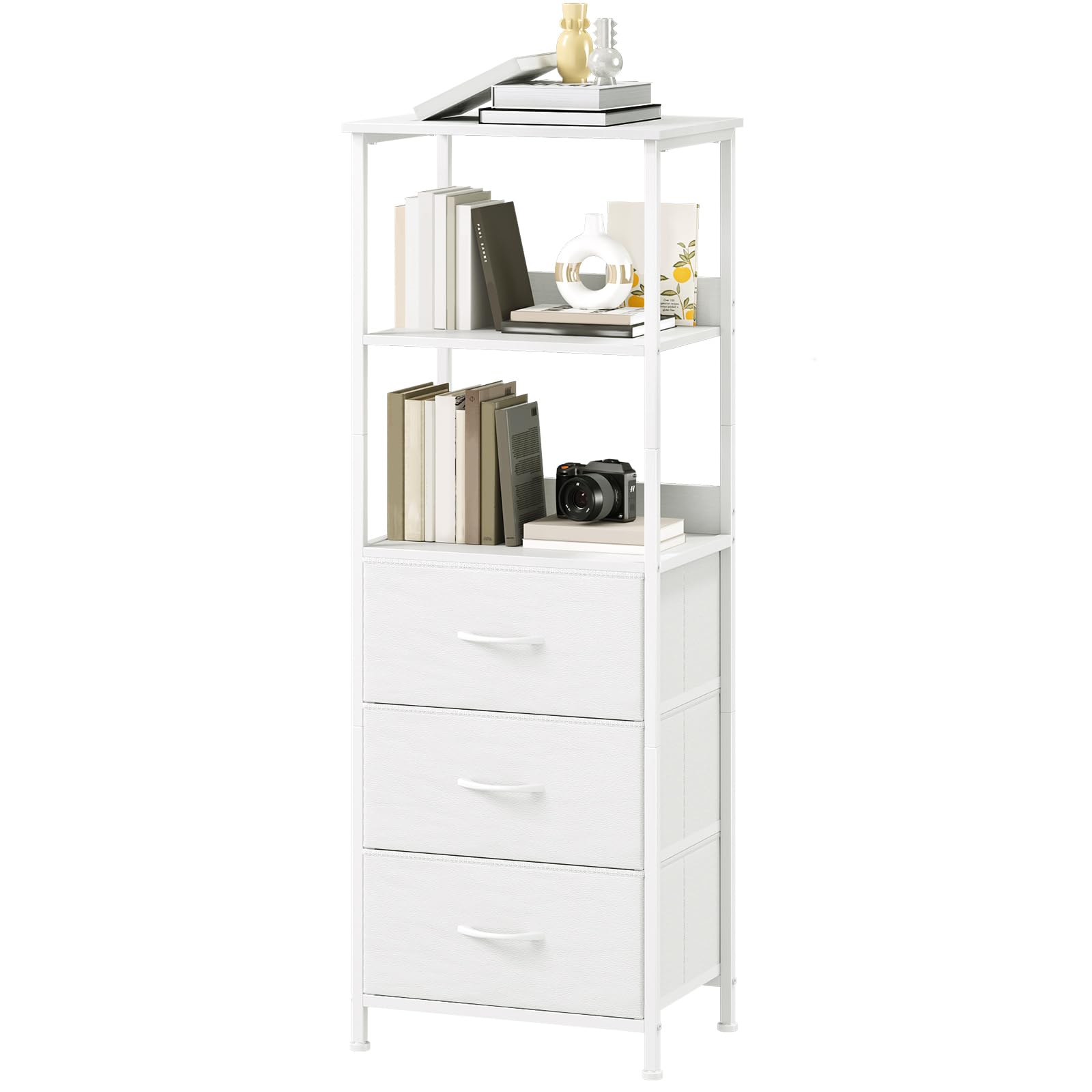 Somdot Commode Chambre, Commode Haute avec 3 Tiroirs en Tissu et Cadre en Acier, Meuble de Rangement pour Salon, Chambre, Bureau, Couloir Entrée, 30P x 42l x 115H, Blanc